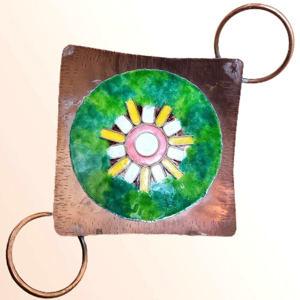 VTG Unique Square Copper and Enamel Trinket Dish Jewelry Tray with Round Handles